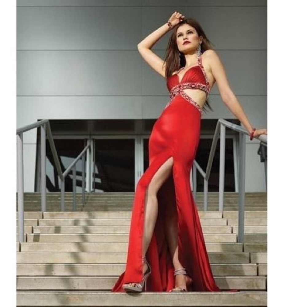 Jovani Red Evening Gown with Side Cut Outs